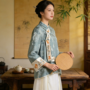 立领斜襟长袖 复古茶服 通勤提花亚麻人丝天丝刺绣上衣女春季 新中式