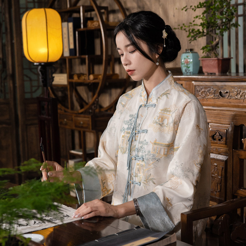新中式女装春秋中国风提花织绣上衣复古盘扣开衫外套衬衫刺绣茶服