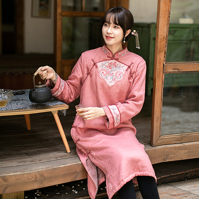 远镇亚麻棉服加绒连衣裙复古风