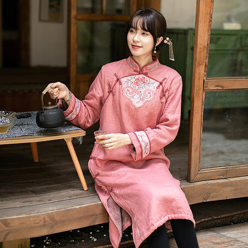 远镇亚麻棉服加绒连衣裙复古风