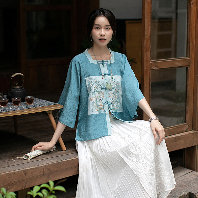盘扣复古衬衣汉服改良女夏季上衣通勤中国风五分袖喇叭袖中式茶服