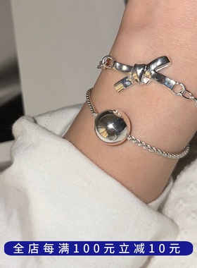 【新品】925纯银通体银大珠珠手链光面亮面圆珠带延长链