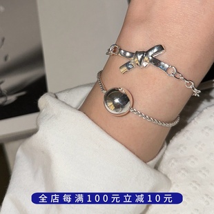 【新品】925纯银通体银大珠珠手链光面亮面圆珠带延长链