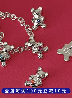 PLUS JEWELRY / 925纯银爱心抱抱小熊吊坠实心泰迪熊彩色锆钻重工