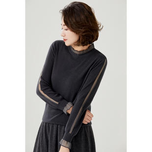 【阿美设计】长袖针织衫女气质蕾丝设计感小众圆领打底上衣202315