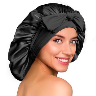 新品 弹力飘带蝴蝶结真丝圆帽纯色真丝睡帽宽边美容美发头巾帽