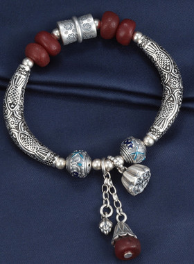 s925纯银弯管鱼蜜蜡手链女复古