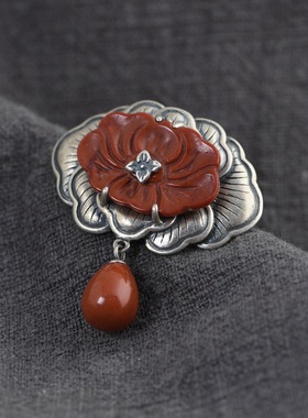 纯银复古风汉服配饰胸针南红玛瑙