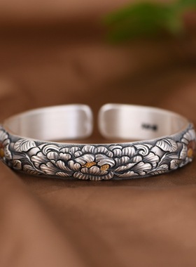 足银手镯 典雅复古手工簪花浮雕牡丹厚版999银女款银手环原创礼物