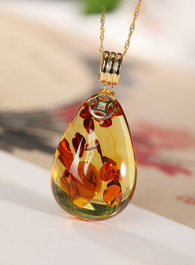 纯银水滴形钱币女士轻奢天然琥珀