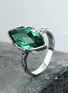 纯银饰品复古风汉服指环镶嵌宝石