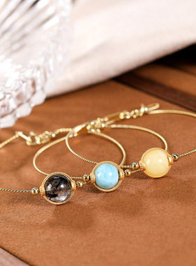 纯银镀金百搭女士手环串天然蜜蜡