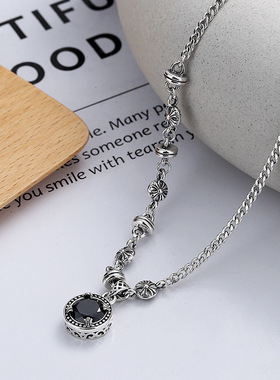 S925纯银复古做旧立体十字花纹镂空黑锆石吊坠嘻哈项链女小众原创