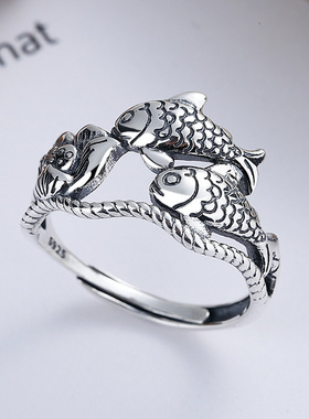 S925纯银复古做旧民族风汉服配饰古风锦鲤莲花镂空个性开口戒指女