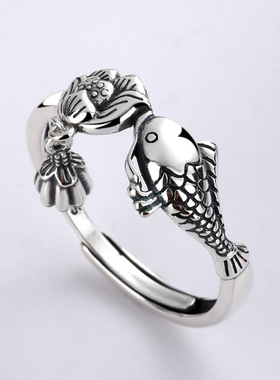 s925纯银戒指女复古汉服配饰民族鲤鱼莲花流苏食戒情侣可调节指环