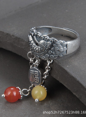 s925纯银锦鲤戒指女复古做旧蜜蜡