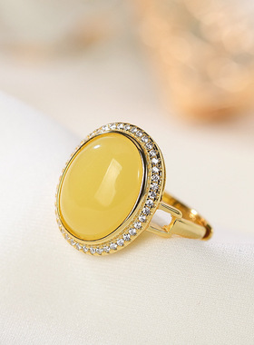 轻奢镀金天然蜜蜡琥珀汉服戒指