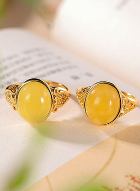 轻奢天然琥珀镀金女士蜜蜡戒指