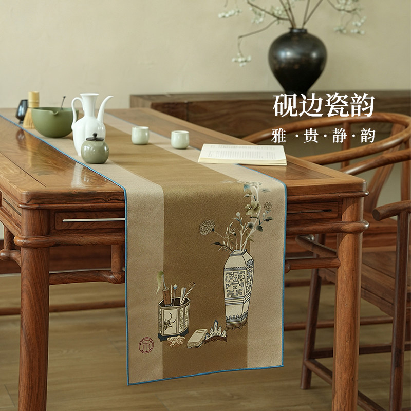 新中式禅意桌旗轻奢高端茶桌垫布宋氏美学茶席桌布长条茶旗茶台布图片