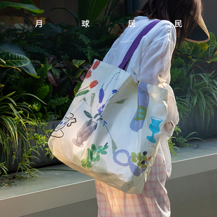原创大号防水编织袋购物袋环保托特包 后花园下午茶 月球居民