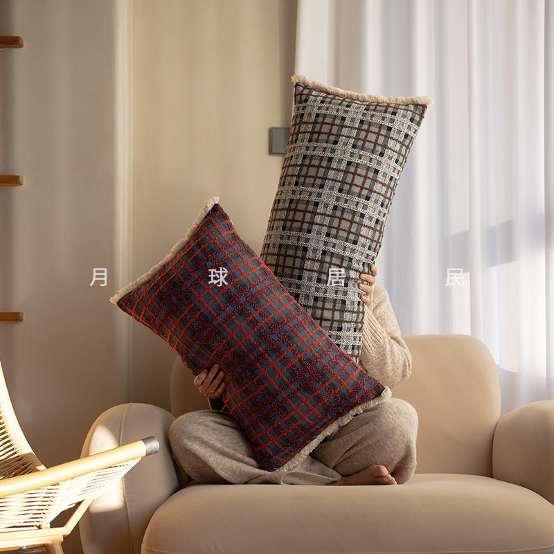 【月球居民】 加州落日 原创加长条靠枕抱枕毛呢格子腰枕床圣诞红
