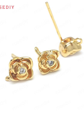 Diy饰品耳饰耳针配件铜真金镶锆玫瑰 925银针 耳钉(含耳塞)36907