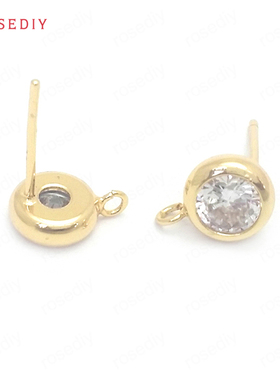 Diy饰品耳环耳饰耳针配件7MM铜镀真金镶锆圆形耳钉(含耳塞)37665