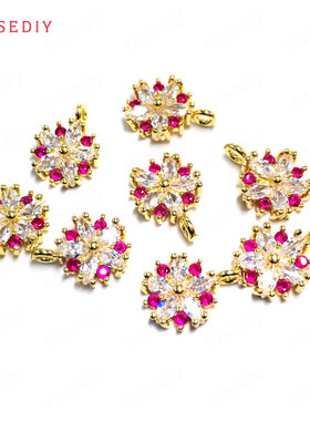 (38791)12x9MM 铜+锆石镶锆 花朵 挂件 吊坠-玫红+白色