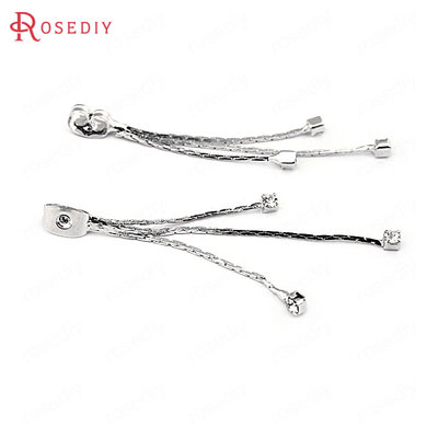 Diy饰品配件铜镀白金耳饰耳针配件镶锆 方形链流苏耳塞耳堵33632