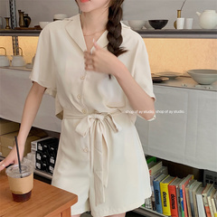 Real price loose suit collar short sleeve hollow back Jumpsuit