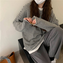 Real price loose stripe hooded long sleeve T-shirt