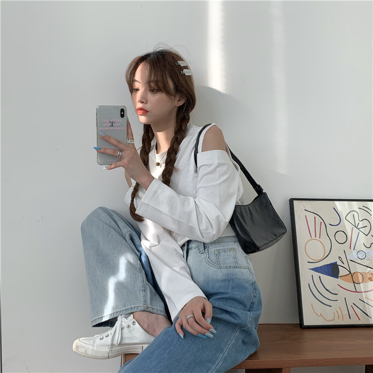 Real price off the shoulder design detachable long sleeve round neck multi color T-shirt