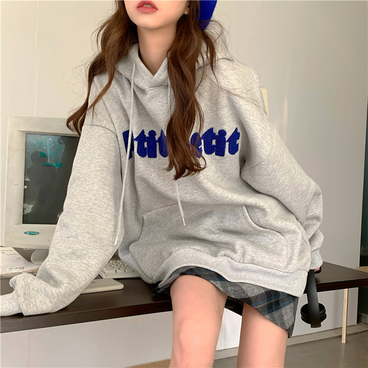 Real shot real price loose embroidered hooded Plush long sleeve sweater