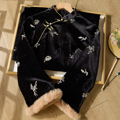 忆南栀黑色旗袍2025新款冬装改良