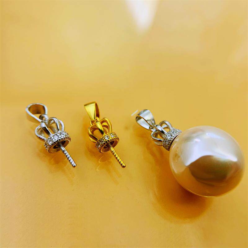 925纯银皇冠镶钻吊坠托DIY手工半孔珍珠蜜蜡项链扣头空托配件材料