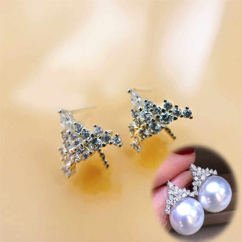 925纯银冰雪女王皇冠镶钻耳钉托diy珍珠空托锆石时尚耳饰配件材料