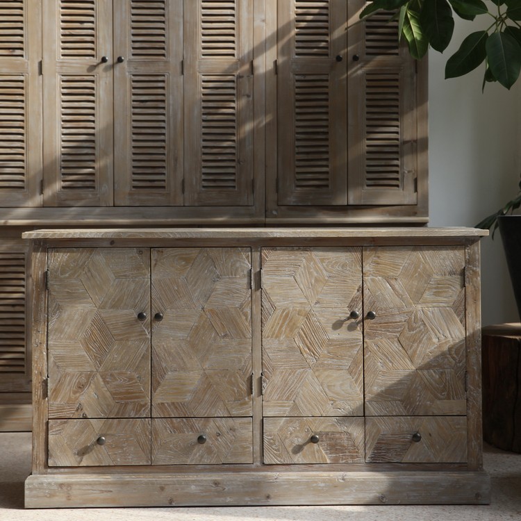 法式餐边柜玄关柜复古老榆木拼花风化灰做旧乡村田园侘寂风格