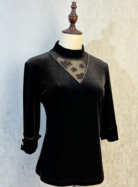秀巧正品10406丝绒小衫T恤高龄镂空时尚七分袖四季通用百搭高端女