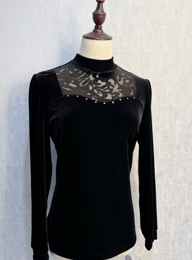 秀巧正品10449丝绒长袖女士上衣半高领打底弹力舒适镂空时尚百搭