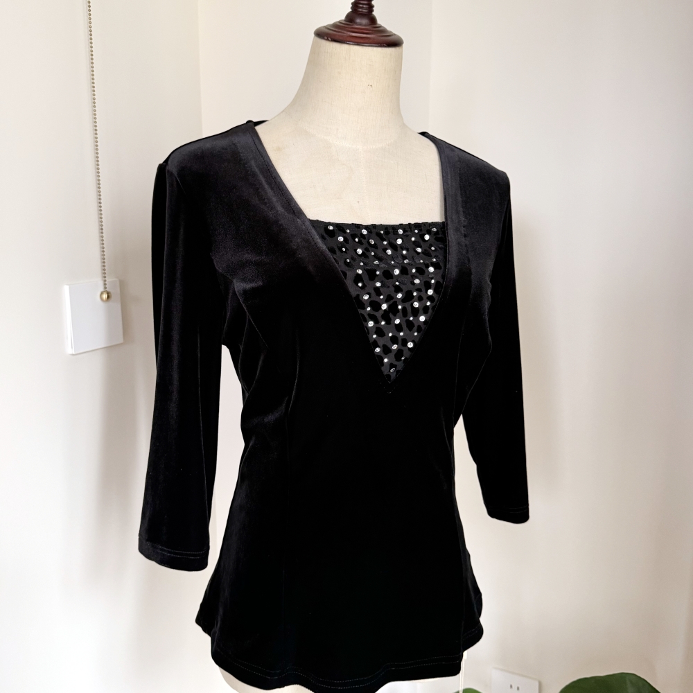 秀巧正品9898丝绒女士上衣高级烫钻修身显瘦七分袖秋季单穿打底