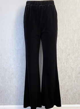 秀巧正品纯黑微喇丝绒裤9436宽松休闲喇叭裤弹力松紧舒适中年女裤