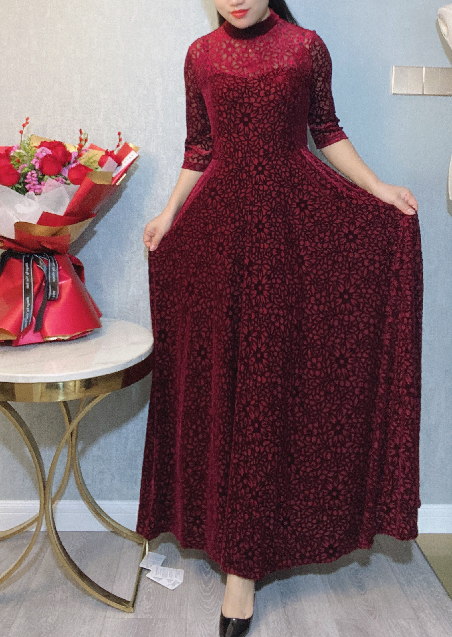 秀巧正品9357丝绒连衣裙长款大摆女神范优雅长裙弹力修身显瘦舒适