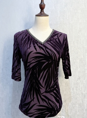 秀巧正品10238丝绒印花短袖夏季超薄透气舒适弹力V领镶钻精致女T