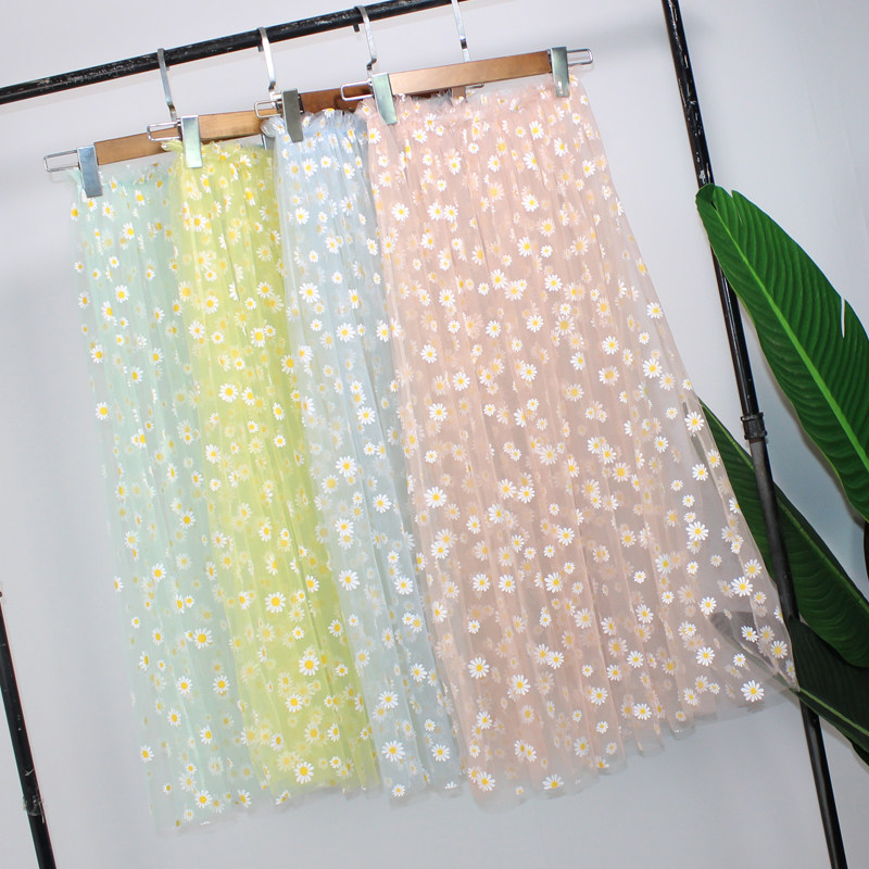 单层网纱21春夏季新款仙女裙小雏菊罩裙彩蕾丝色中长款纱裙半身裙