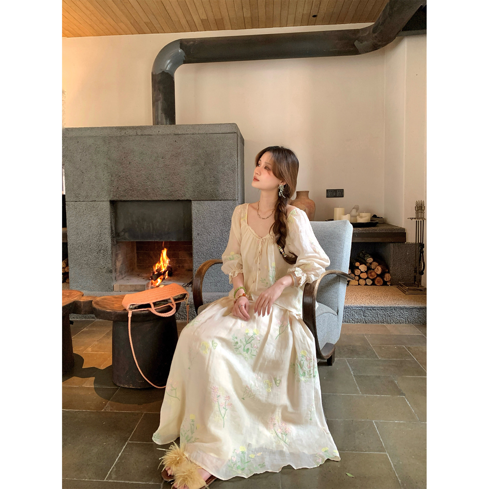 Thecoco 巨美淡杏粉色刺绣苎麻套装女夏季无袖垂感甜美气质连衣裙