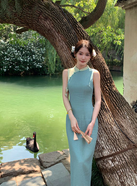 Thecoco 蓝绿拼接手工花新中式棉麻旗袍女夏季高级感优雅显瘦长裙