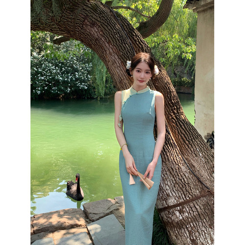 Thecoco 蓝绿拼接手工花新中式棉麻旗袍女夏季高级感优雅显瘦长裙