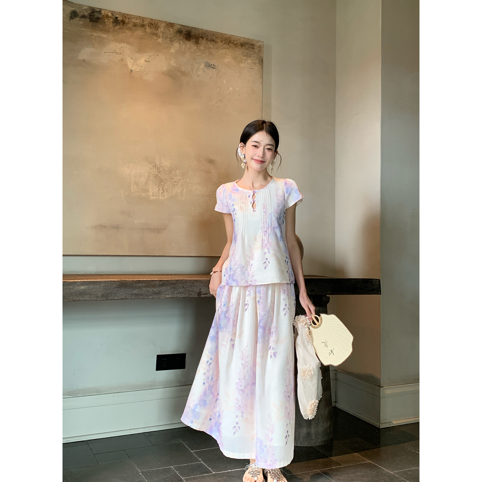 Thecoco 浅紫藤 印花淡雅新中式套装女装夏季温柔气质百搭一整套