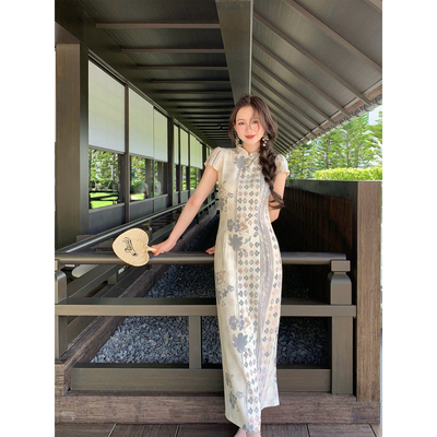 Thecoco 灰蓝色清雅印花混纺天丝麻旗袍女夏日常气质显瘦垂感长裙