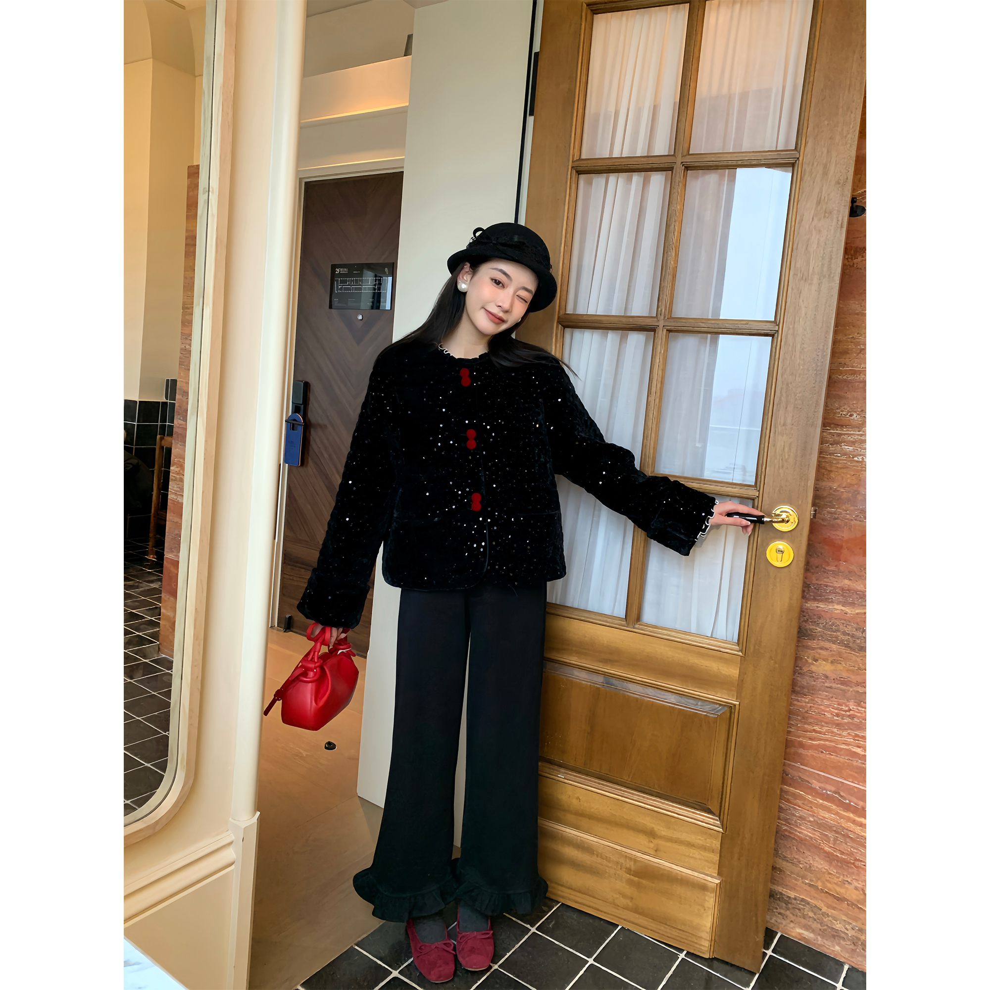 Thecoco 百搭藏肉内里绒面木耳摆直筒裤子女冬显瘦加绒黑色休闲裤